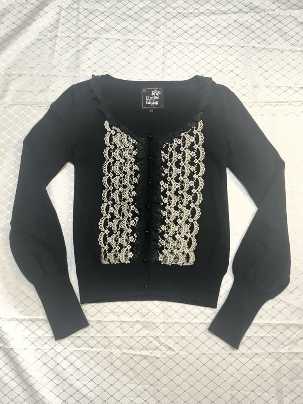 Y2K FOX Black & Gold Floral Frill Ruffle Lace Button Cardigan Limited Edition - Picture 3 of 14